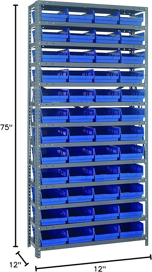Quantum Storage Systems 1275-107BL Steel Shelving Unit with 4" Shelf Bins, 12" D x 36" W x 75" H, Blue