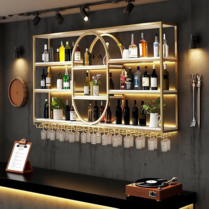 47.2IN Large Wall Mount Wine Rack, Metal 4 Tier Hanging Bottle Holder with Wine Glass Storage Racks, Modern Floating Wine Shelves for Home Bar Dining Room Decoration (Gold)