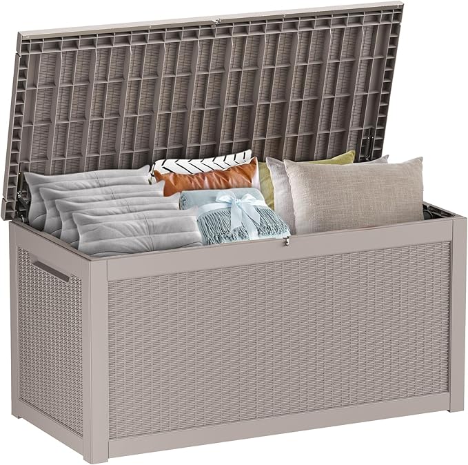 320 Gallon Large Deck Box,Resin Outdoor Storage Box with Lockable for Patio Furniture, Pool Accessories, Garden Tools Waterproof Outside Storage Box, Grey Pattern