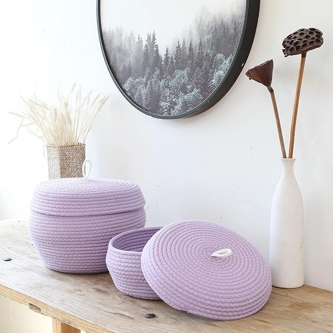 Sea Team Round Cotton Rope Storage Basket with Lid, Decorative Woven Storage Bin, Pot, Caddy, Organizer, Container for Snacks, Towels, Plants, 13 x 5.5 Inches (Large, Shallow, Lavender)