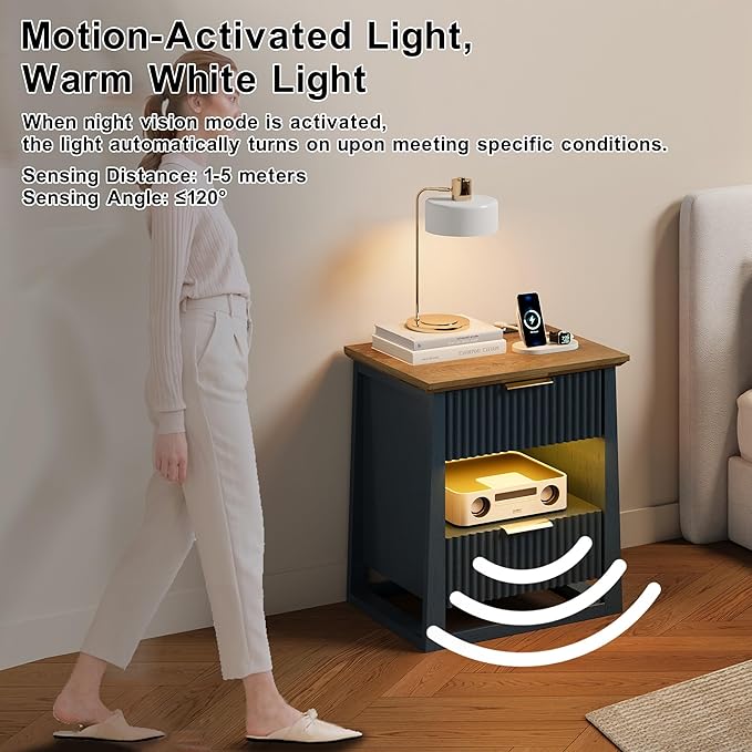 HIFYOBRO Fluted Nightstands Set of 2 with Charging Station & Motion Sensor Light, Modern Bedside Tables with 2 Drawers and Storage Shelf for Bedroom, Blue