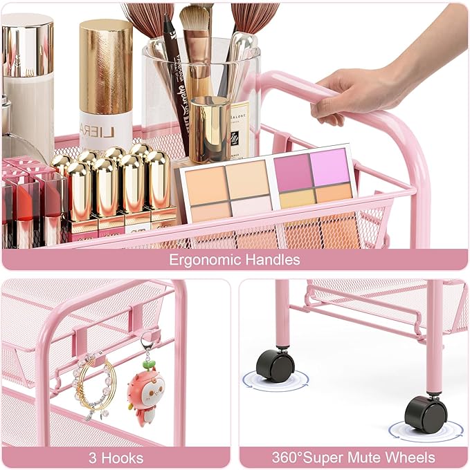 TOOLF 4 Tier Rolling Utility Cart - Durable Metal Design Pink Utility Cart, Storage Trolley on Wheels with 3 Hooks, Perfect for Kitchen, Bathroom & Laundry Room Organization