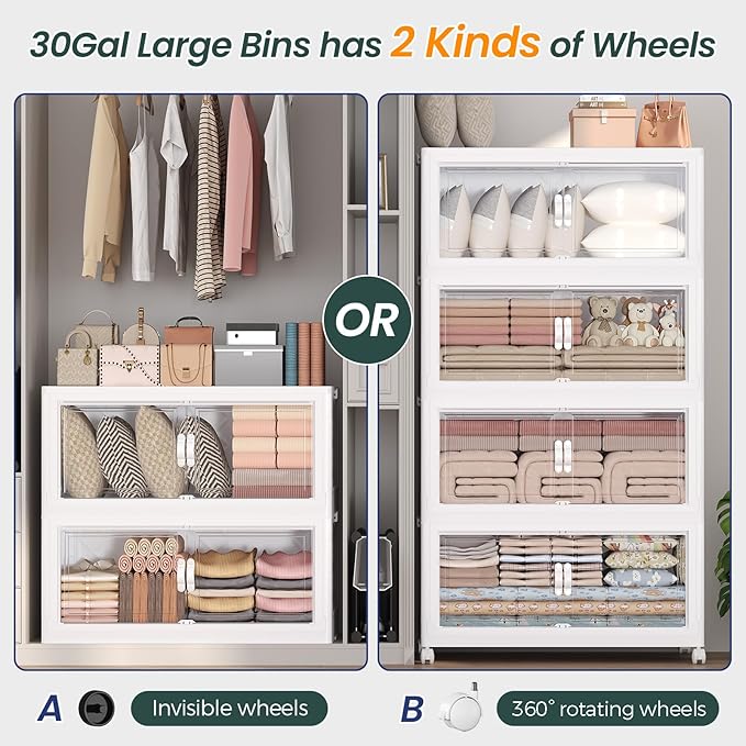 360QT Extra Large Stackable Storage Bins with Lid, 90Gal Collapsible Closet Organizer Box with Wheels, Folding Plastic Storage Cabinet with Doors for Home Kitchen Office Dorm, 3Pack White