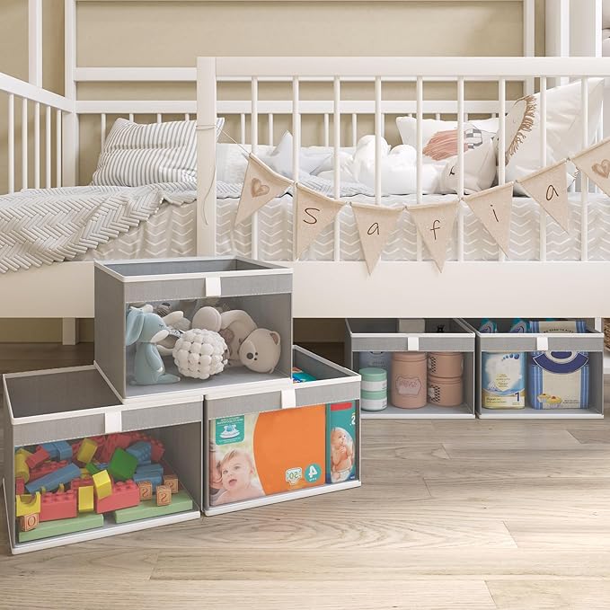 Linen Closet Organizers and Storage, Closet Storage Bins Basket Organizer, Foldable Organization Baskets with Mesh Window for Clothes Towels and Toys, 14.5" x 14.5" x 10.25", Gray, 4 pack