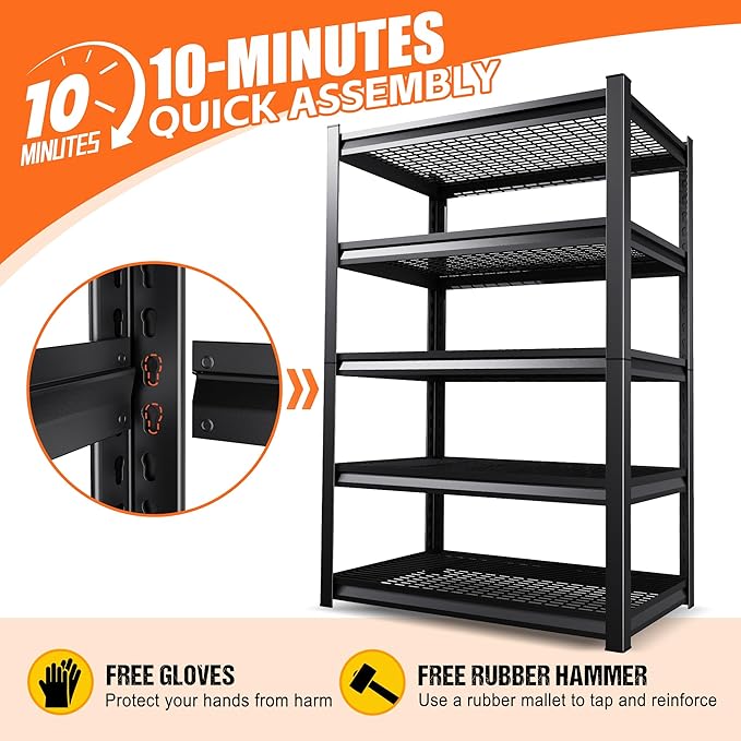 45.6"W Garage Shelving Heavy Duty Storage Shelves, 5-Tier Adjustable Metal Shelving Unit, Utility Garage Organizer Shelf for Basement, Pantry, Warehouse, Supermarket, 45.6" W x 19.7" D x 78" H
