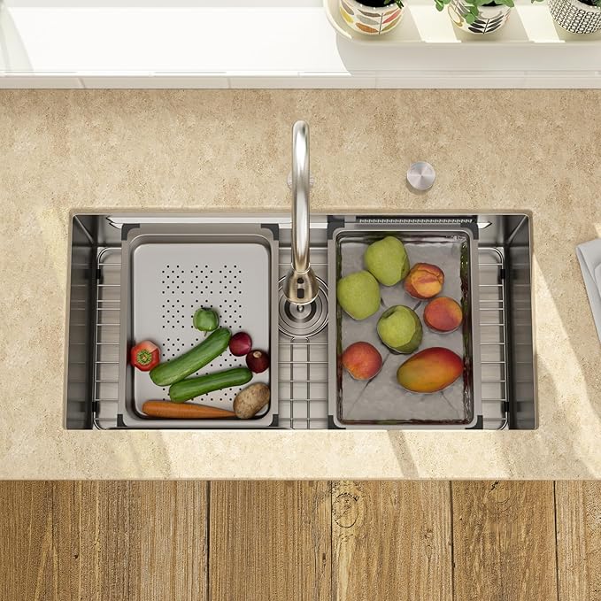 Lordear 33" Undermount Waterfall kitchen Sink - Undermount Kitchen Sink Stainless Steel16 Gauge Single Bowl Ledge Workstation Handmade Under Counter Smart Kitchen Sink 33 Inch