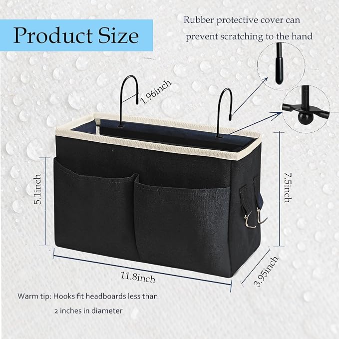Bedside Caddy Bedside Hanging Storage Basket Multi-Function Organizer Caddy for Bunk and Hospital Beds Dorm Rooms Bed Rails, Can be Placed Glasses Books Mobile Phones（Black）