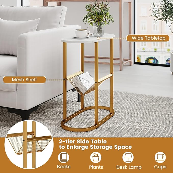 Tangkula Oval Narrow Side Table, 2-Tier End Table w/Mesh Magazine Rack, Steel Frame, Industrial Nightstand, Compact Sofa Bedside Table for Living Room Bedroom, White & Gold