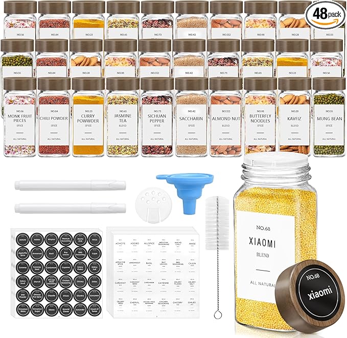 ZEHIQ 48Pcs Glass Spice Jars with Acacia Wood Lids, 4 oz Square Seasoning Containers with Labels, Seasoning Jars with Shaker Lids, Chalk Pen, Funnel, Cleaning Brush, Spice Bottles for Cabinet, Drawer