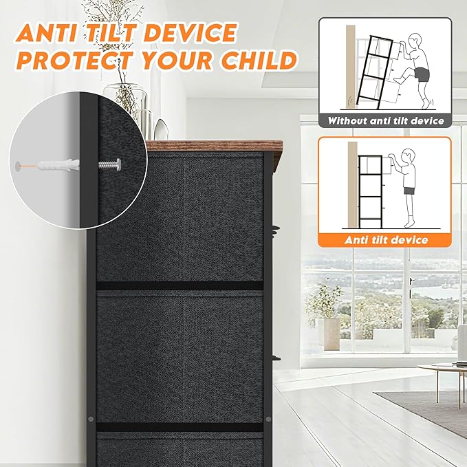 Curved Profile Dresser for Bedroom, Chest of Drawers, 8 Storage Drawers Organizer Unit, Brown Dresser with Fabric Bins for Closet, Living Room, Kid Room (Rustic Brown)