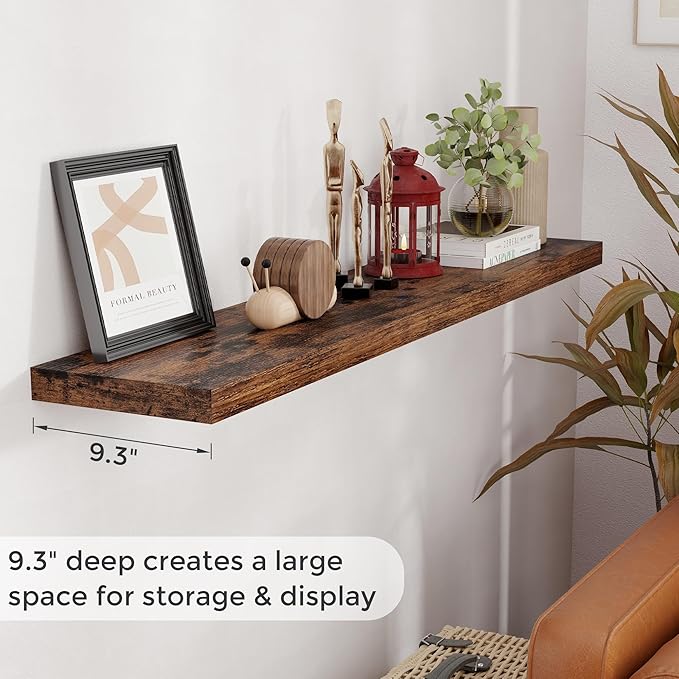 Fun Memories 55Inch Floating Shelves for Wall 2 Pack Shelves for Bedroom|Kitchen|Bathroom Wall Mounted Rustic Wood Floating Shelf with Invisible Brackets for Books|Storage|Decor, Rustic Brown