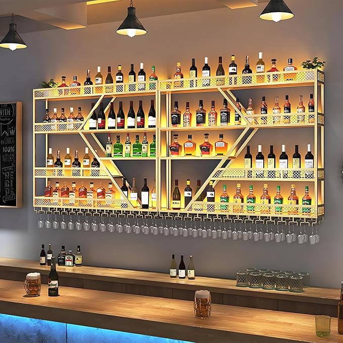 79in Metal Wine Rack Wall Mounted, Modern Wine Storage Rack Wall Mounted with Wine Glass Holder, Liquor Shelf, Bar Shelves for Liquor Bottles (4 Tiers Gold, 79 * 7.87 * 48.5INCH)