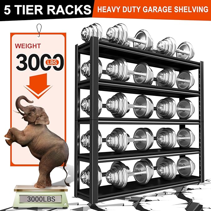 63" H/32” W Garage Shelving, Heavy Duty 5 Tire Adjustable Storage Unit, 3000LBS Metal Garage Shelves, Easy Assembly Shelf for Industrial, Warehouse, Basement (16" D x 32" W x 63" H)