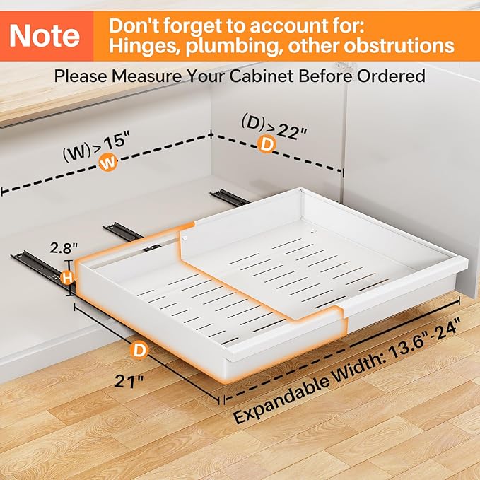 Pull out Cabinet Organizer, 1-Pack Expandable(13.6"-24") Silde out Drawers with Raising Pad for Framed Cabinets, Adjustable Full-Extension Adhesive Roll out Shelves for Kitchen Pantry Home Pot and Pan
