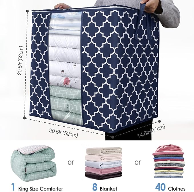 WISELIFE Storage Bags 4 Pack/100L Large Blanket Clothes Organization and Storage Containers for Comforters,Bedding, Foldable Organizer with Reinforced Handle, Clear Window, Sturdy Zippers,Blue