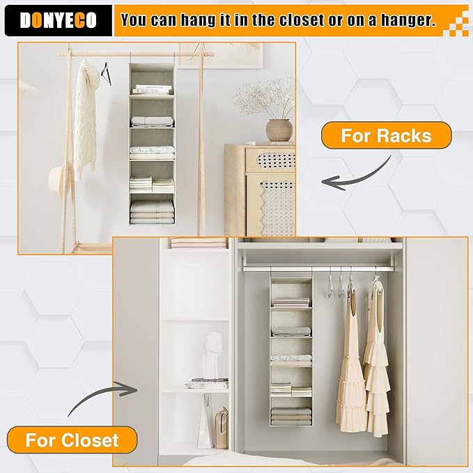 Hanging Closet Organizer, Easy Mount Foldable 5-Shelf Hanging Closet Wardrobe Storage Shelves, Clothes Handbag Shoes Accessories Storage, Imitation Linen Fabric, Beige Houndstooth