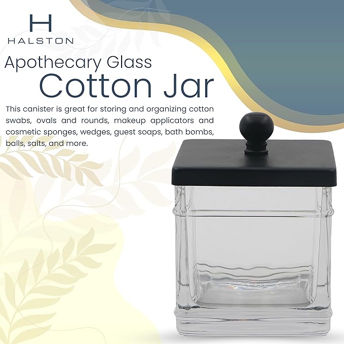 Clear Transparent Hotel Style Apothecary Tempered Glass Canister Jar W/ Matte Black Metal Lid Cover, Classic Countertop Organizer for Cotton balls/pads, Floss Picks, Makeup Storage