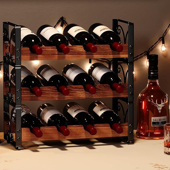 X-cosrack Wine Rack Countertop, 3-Tier 12 Bottles Small Wine Rack Stackable for Inside Cabinet, Solid Wood & Wrought Iron Wine Bottle Holder, Wine Storage Shelf for Kitchen Bar Dining Room