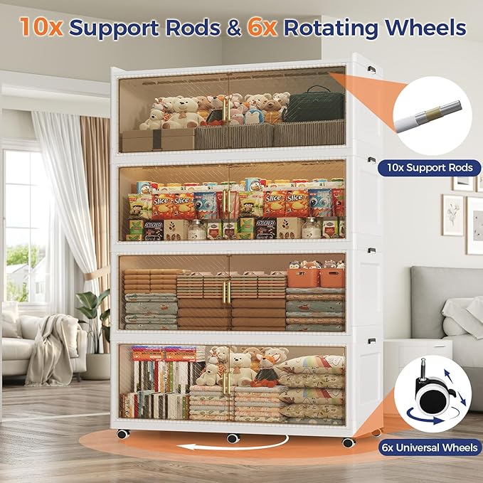 240 Gallon Extra Large Collapsible Storage Bin with Lid, 960QT Stackable Plastic Organizer with 6x Wheels, Foldable Drawer Cabinet for Closet, Living Room Office, Kitchen 3Pack, White