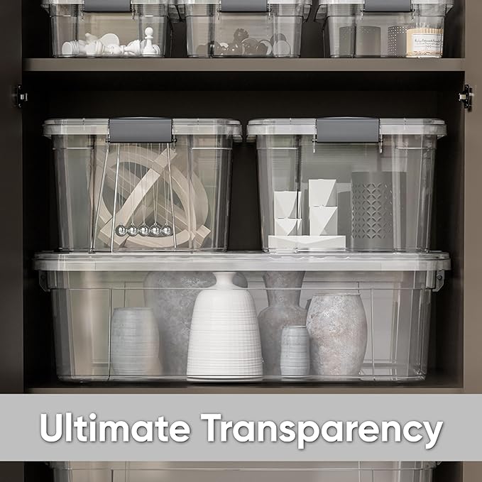 Superio Clear Storage Boxes with Lids, 13.7 Quart Plastic Container Bins for Organizing, Stackable Crates, BPA Free, Non Toxic, Odor Free, Organizers for Home, Office and Dorm, 8 Pack
