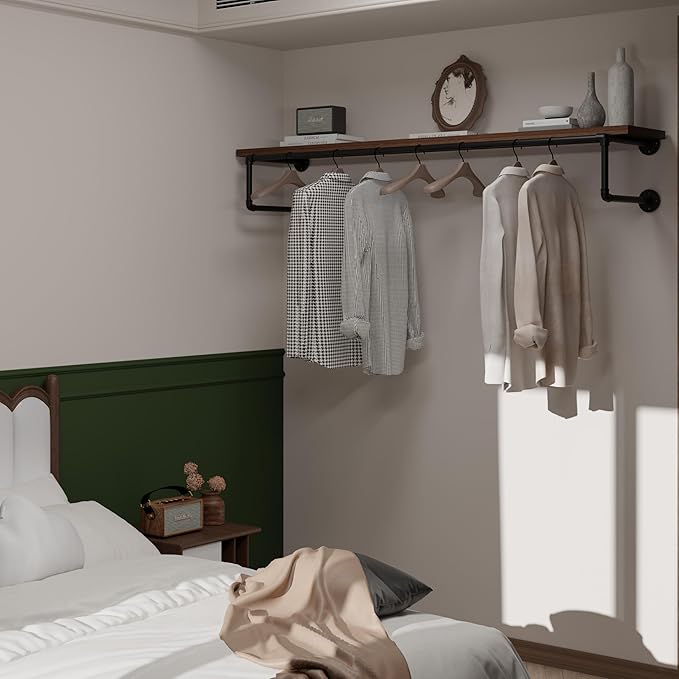 Clothes Rack 60in, Wall Mounted Garment Racks with Real Walnut Wood Shelf, Heavy Duty Hanging Clothes Rack, Multi-Purpose Hanging Rod, Space-Saving Closet Storage
