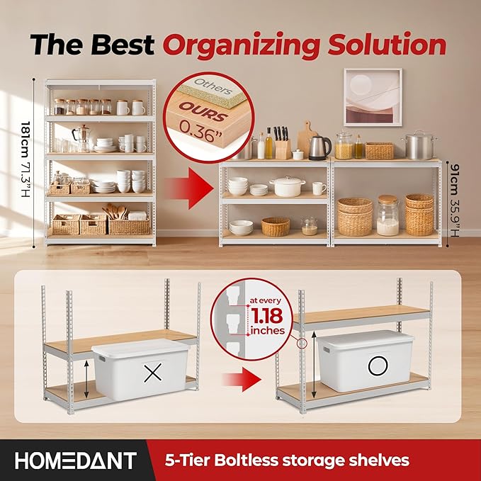 HOMEDANT 5 Tier Storage Shelves Adjustable Laminated Boltless Garage Metal Shelving Unit Heavy Duty Utility Rack Shelf Warehouse Pantry Closet Kitchen (1, (XL Deep) 48.1" W, White)