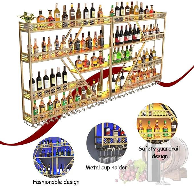 79in Large Wall Mounted Wine Rack 4 Tier Metal Wine Bottle Holder Modern Diamond Design Floating Bar Liquor Bottles Storage Rack for Home Restaurant Bar Decorative (Gold, 4 Tier - 79in)