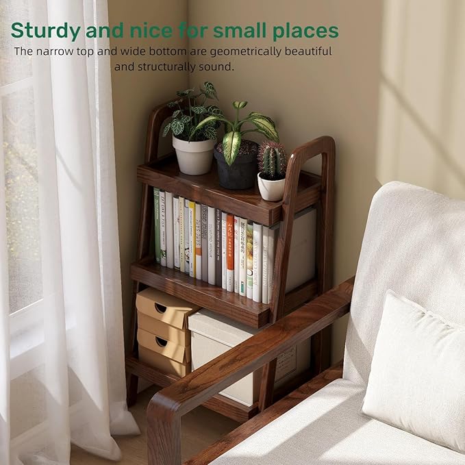 100% Solid Oak 3 Tier Ladder Shelf for Saving Space, Tall Nightstand with Stable Frame for Bedroom, Small Side Table for Living Room Office(Walnut, 13.4" L x 25.6" W x 36.2" H)