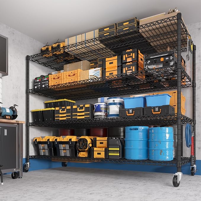 PrimeZone 60" W x 24" D x 76" H Heavy Duty Wire Storage Shelves with Wheels, 4 Tier Adjustable NSF Certified Garage Shelving Unit, Rolling Metal Organizer Shelf Rack for Warehouse, Pantry, 4 Packs