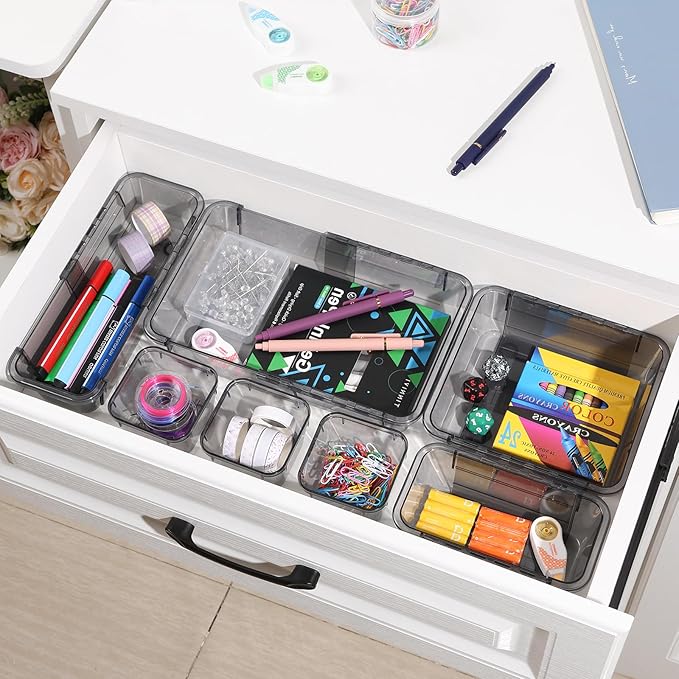 14 Pcs Adjustable Clear Drawer Organizer, Extendable Vanity Storage Bins, Desk Drawer Organizer Set for Makeup, Cosmetics, Bedroom, and Gadgets, Black