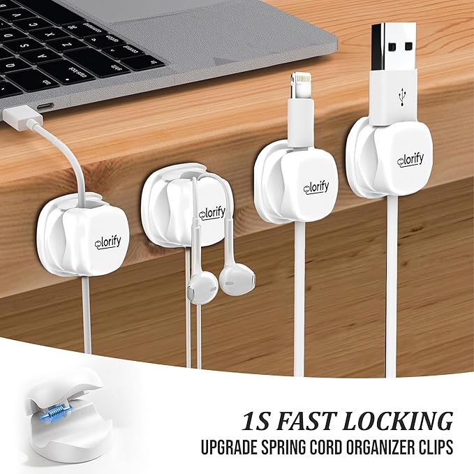 8 Pack Spring Cable Clips, Adhesive Cord Organizer for Desk, Phone Charging Cords Holder & Car Cable Management-White