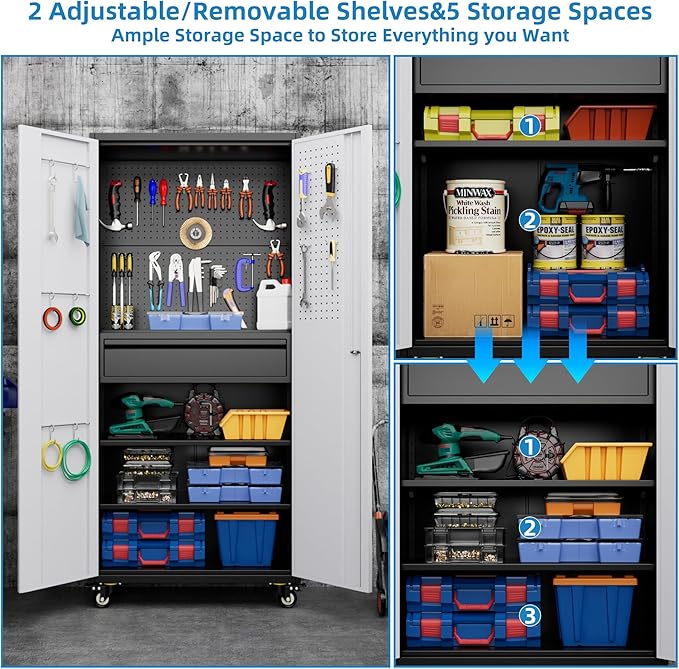 Metal Garage Cabinet with Wheels,71''H Rolling Lockable Steel Tool Storage Cabinet with Pegboard &1 Drawer for Garage,Home,Office,Black Gray, Assembly Required