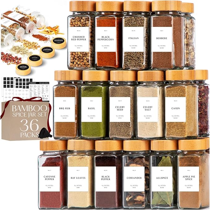 FINESSY Glass Spice Jars with Label with Bamboo Lids 36 Pack Set, 4oz Empty Clear Glass Spice Bottles with Shaker Lids, Airtight Kitchen Seasoning Organizer Jars, Herb Seasoning Containers with Labels