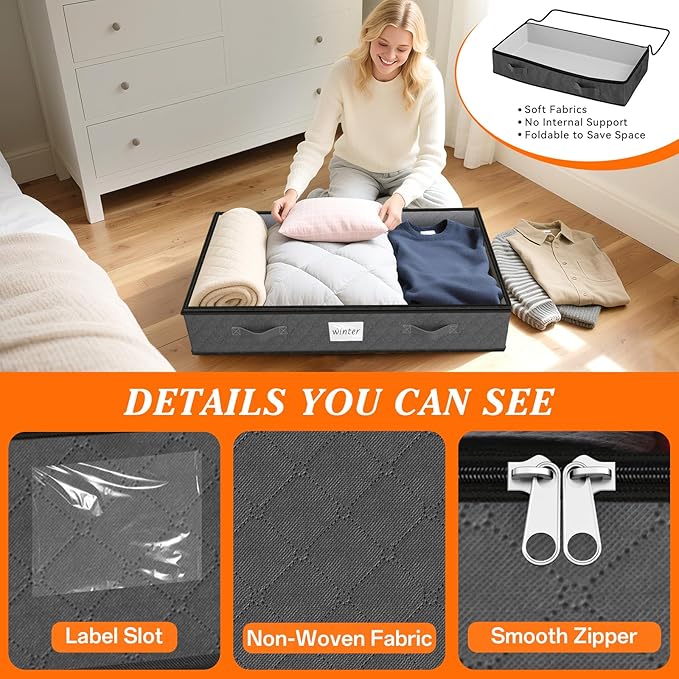 SpaceWhisper 90L Under Bed Storage Containers, 6-Pack Storage Bins with Clear Top, Foldable Closet Organizers and Storage with Label Holder for Clothing, Blankets, Comforter & Pillows (Grey)