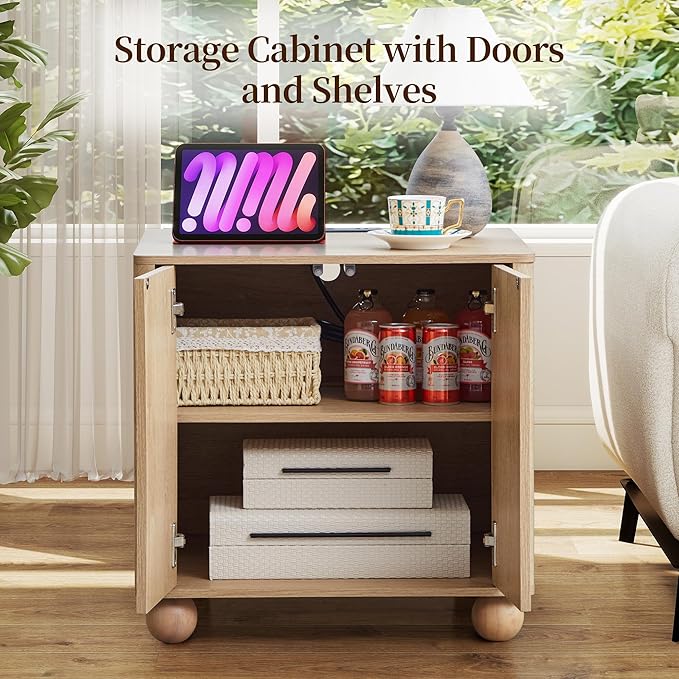 Bed Side Table with Charging Station, Mid Century Modern Nightstand with 2 Doors, Square End Table with Storage for Couch,Living Room,Small Spaces, Sofa Side Table for Office,Dorm - Natural