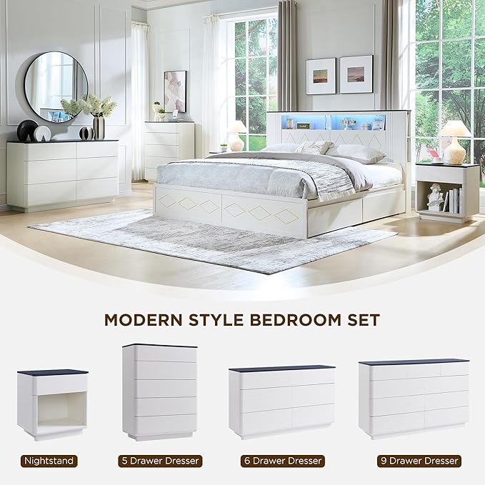 ACCOHOHO Modern 5 Drawer Dresser for Bedroom, 42" Tall Wooden Dressers with Large Storage,Handleless Chest of Drawers for Living Room & Hallway, Curved Profile Design, White