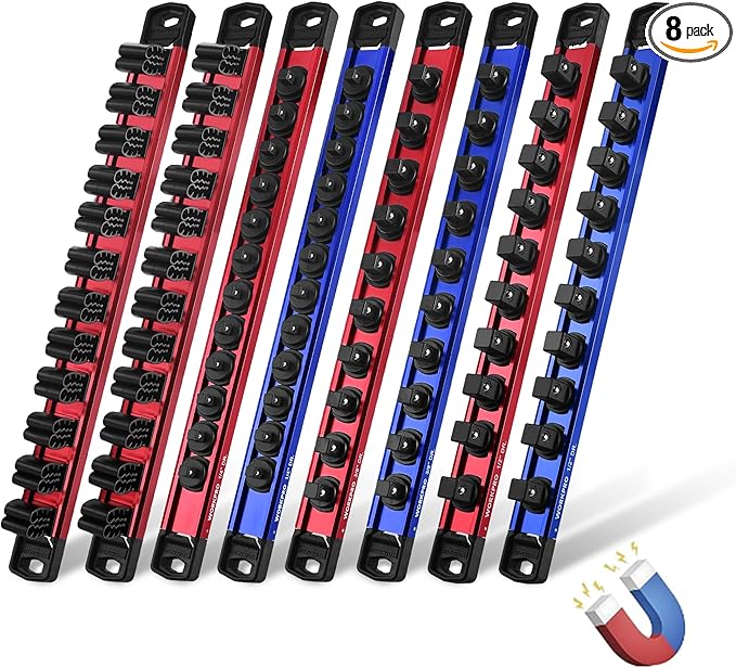 WORKPRO 8-Piece Magnetic Socket Organizer and Magnetic Screwdriver Organizer Set, 6-Piece 1/4", 3/8" & 1/2" Drive Metric & SAE Socket Rail, 2-Piece Screwdriver and Wrench Holder(Sockets not Included)