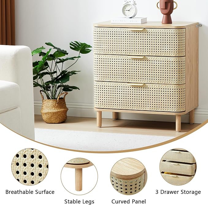ORRD 3 Drawer Dresser, Modern Iron Rattan Cabinet Dresser for Bedroom, Large Nightstand Accent Storage Chest of Drawers for Living Room, Bedroom - Natural