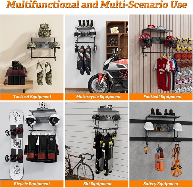 Motorcycle Helmet Holder Wall Mounted, Helmet Holder Wall Mount with Helmet Rack, Motorcycle Helmet Rack for Most of Helmet and Clothes
