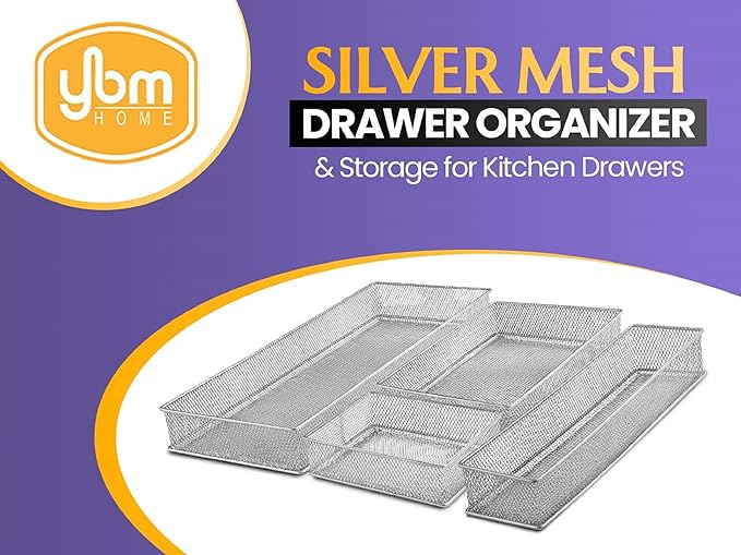 YBM HOME Silver Mesh Drawer Organizer and Storage for Kitchen Drawers, Serves as School Supply Holder, Office Desktop Organizer Basket, Makeup and Craft Supplies Organization, (1 Unit, 8x12x2 Inch)