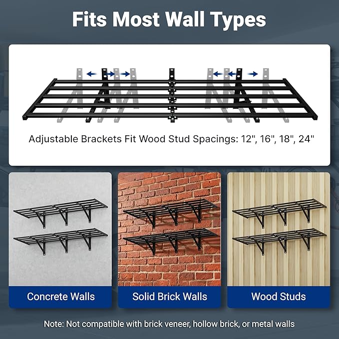 FLEXIMOUNTS 2-Pack 2x6ft Heavy Duty Garage Wall Shelving, 800lbs Capacity, Garage Shelving Wall Mounted with 8 Hooks, Storage for Power Tools, Garden Supplies, Storage Bins, Lite Series