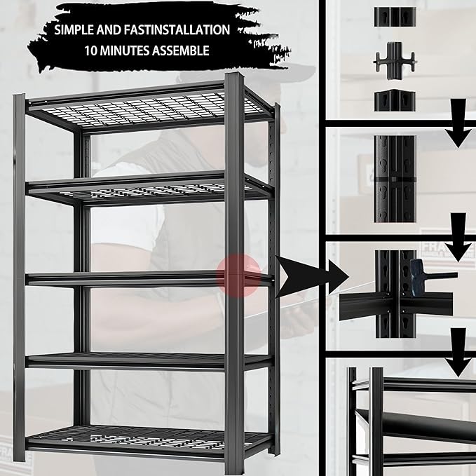 Standing Shelf Units Heavy Duty Storage Rack Industrial Wire Mesh Shelving Double Layer Support Floor Mount Black Steel 60" H x 28" W x 12.1" D 5-Tier 2000LBS
