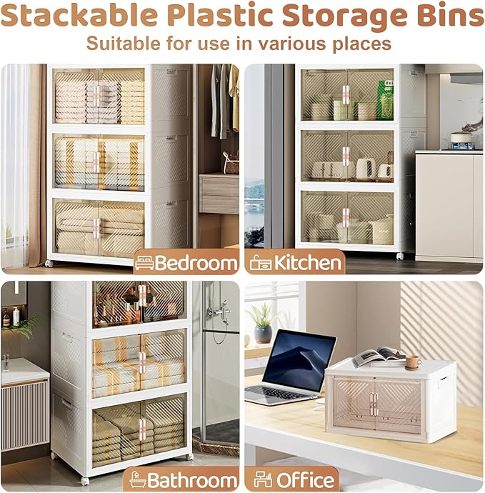Storage Bins with Lid 120QT, Stackable Storage Containers with Wheels and Magnetic Doors, Plastic Clothes Closet Organizers and Storage Box for Home and Office (4 Pack)
