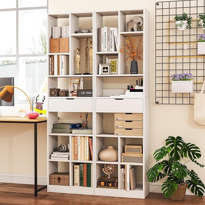 Tangkula 71” Tall Bookcase with Drawer, Modern Bookshelf with 10 Open Cubes, Floor Standing Display Rack Storage Cabinet with Anti-Tipping Kits for Living Room, Study, Office (2, White)