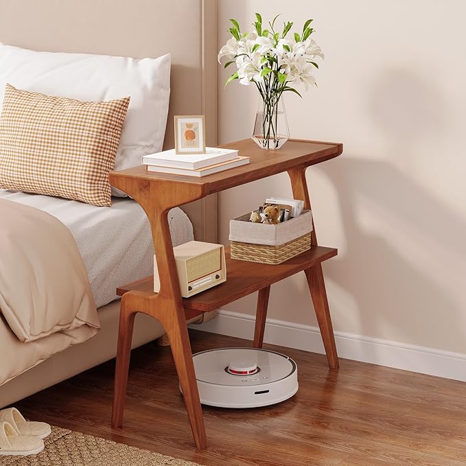 Set of 2 Solid Wood End Table, 2-Tier Side Table with Storage Shelf, Wooden Modern Accent Slim Bedside Table for Sofa, Living Room, Bedroom, Small Space, Easy Assembly, Cherry
