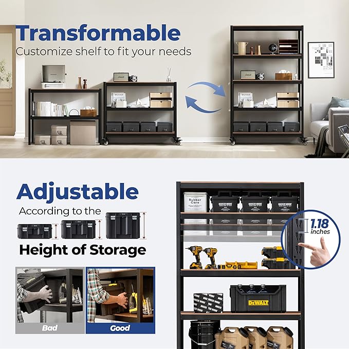 HOMEDANT House 5-Tier Metal Boltless Rolling Cart Shelf Rack Casters Heavy Duty Wheel Shelving Unit Adjustable Utility Storage Shelves Organizer Shelf Kitchen Garage 48.1" W x 18.5" D x 75.4" H 2Pack
