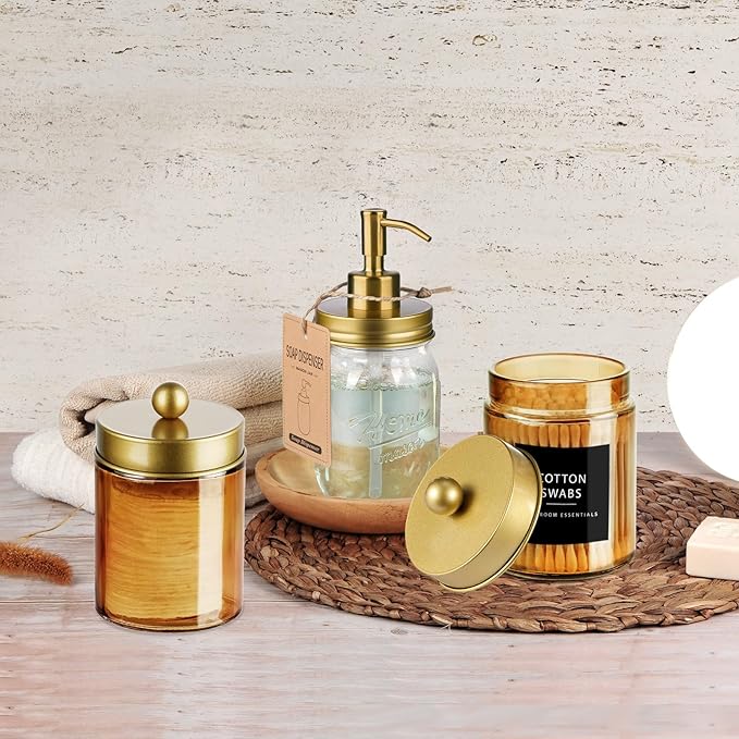 Amolliar Bronze Glass Apothecary Jar With Metal Lid & Stickers, Bathroom Qtip Dispenser Storage Canister, Perfect for Cotton Balls, Cotton Swabs, Makeup Pads, Bath Salt, Floss, 1 Pack(Gold)