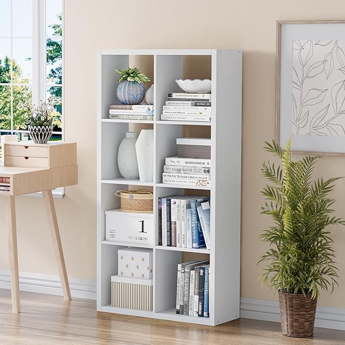 Cube Storage Organizer Bookcase, Decorative 11 inch Open Back Cubical Shelf with Thickened Border, Display Bookshelf for Living Room, Home Office, Sturdy Room (White, 8 Cube)