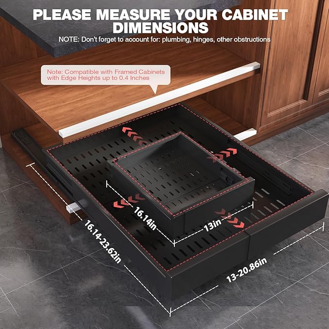 4 Pack Pull Out Cabinet Organizer Expandable Width(13"-21") and Depth(17"-24"),Slide Out Drawers With Raising Pad for Framed Cabinets,No Drill Roll Out Shelves for kitchen,Bathroom,Black