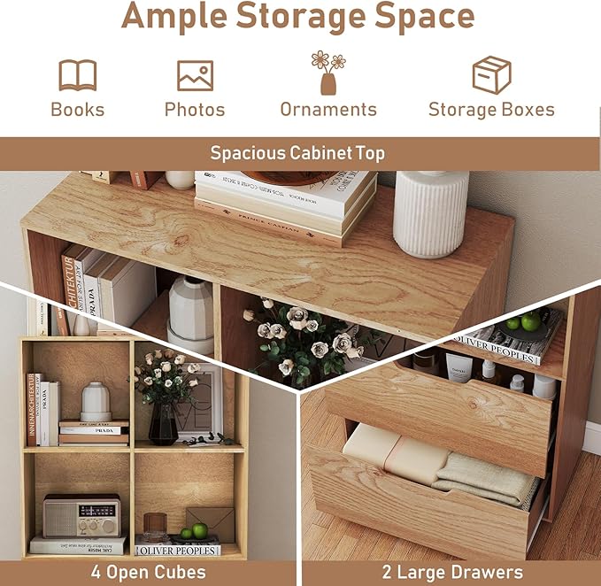 Giantex Bookshelf with 4 Cubes & 2 Drawers, 51” Tall Floor Bookcase with Anti-tip Kits, Freestanding Display Rack Storage Organizer for Study, Living Room, Home Office (2, Natural)